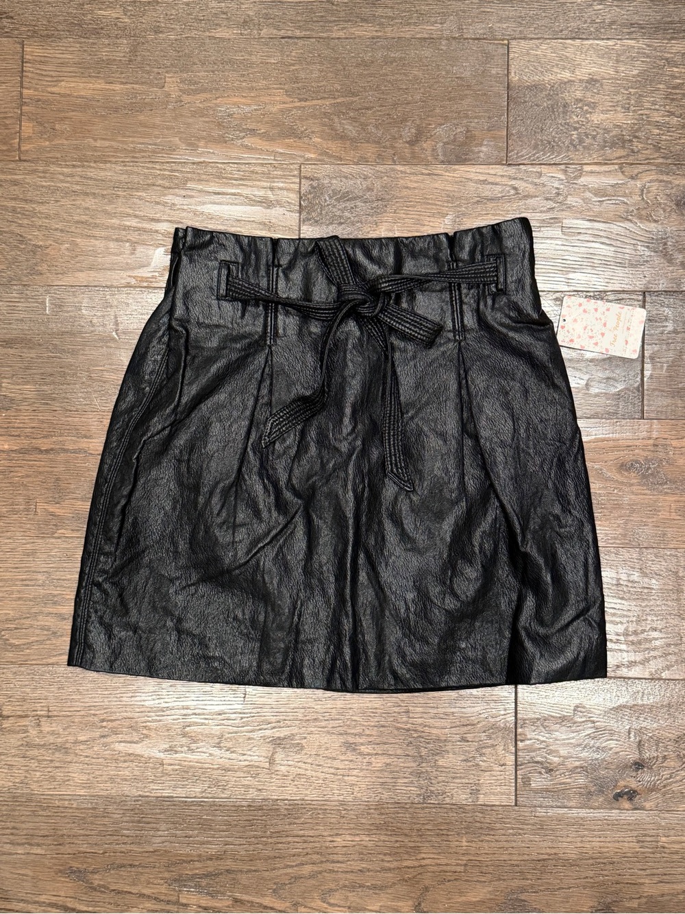 Free People Black Faux-Leather Mini Skirt with Paperbag Waist and Tie